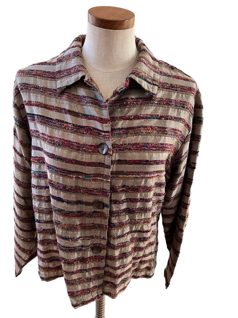 Chicos Textured Stripe Silk Button Front Shirt Colorful Metallic Silver Stripe